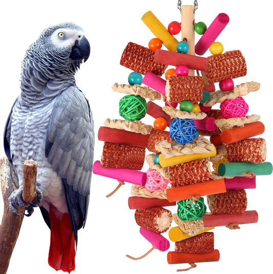 Kyouki natural parrot chewing and foraging bird toy front view hanging in a cage.