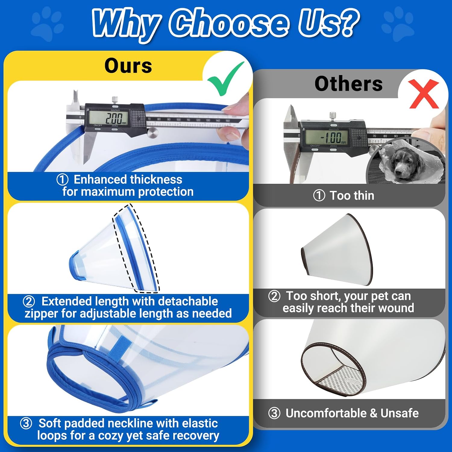 Adjustable soft dog cone with blue trim and detachable zipper extension