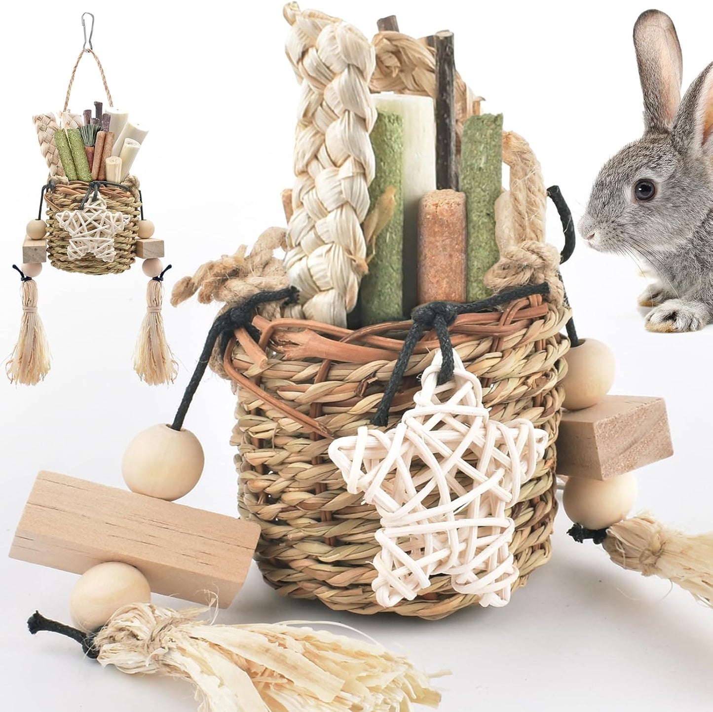 Bissap bunny chew toys natural seagrass hanging basket front view for small pet dental health