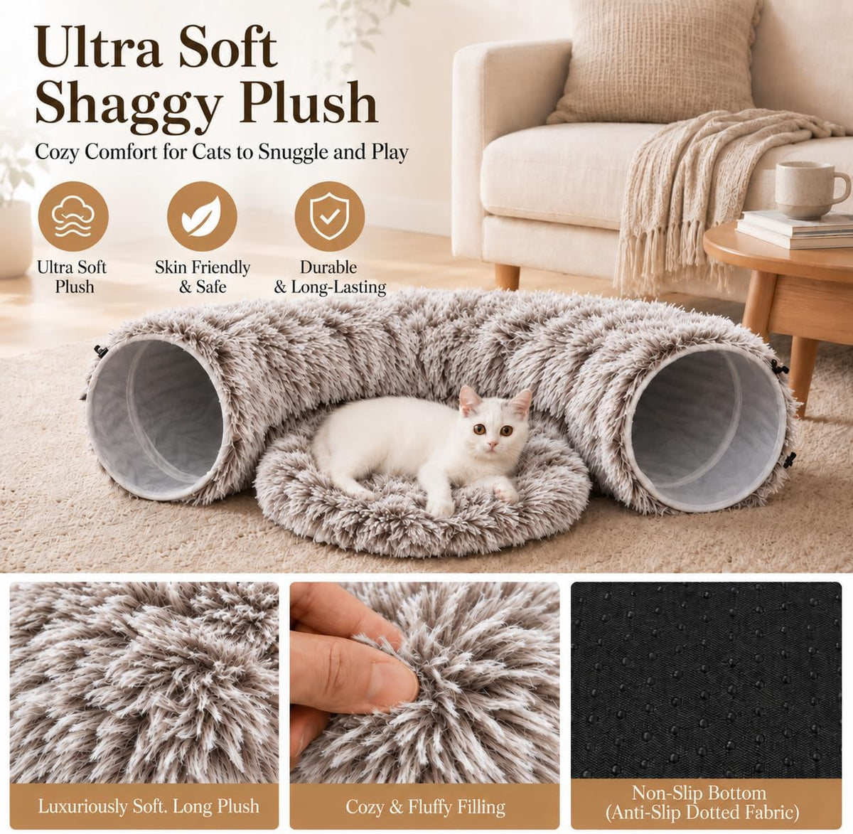 Fluffy Cat Tunnel Bed Under Christmas Tree, Plush Warm Brown - Image 5