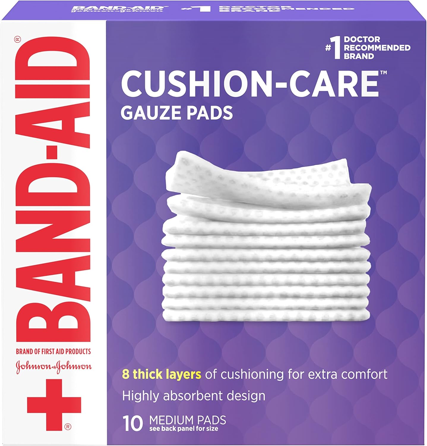 Band-Aid Cushion Care Non Stick Gauze Pads 10 Count box front view showcasing sterile medium wound protection dressings.
