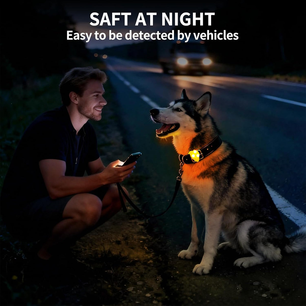 Waterproof silicone clip on pet safety tag light showing three flashing modes