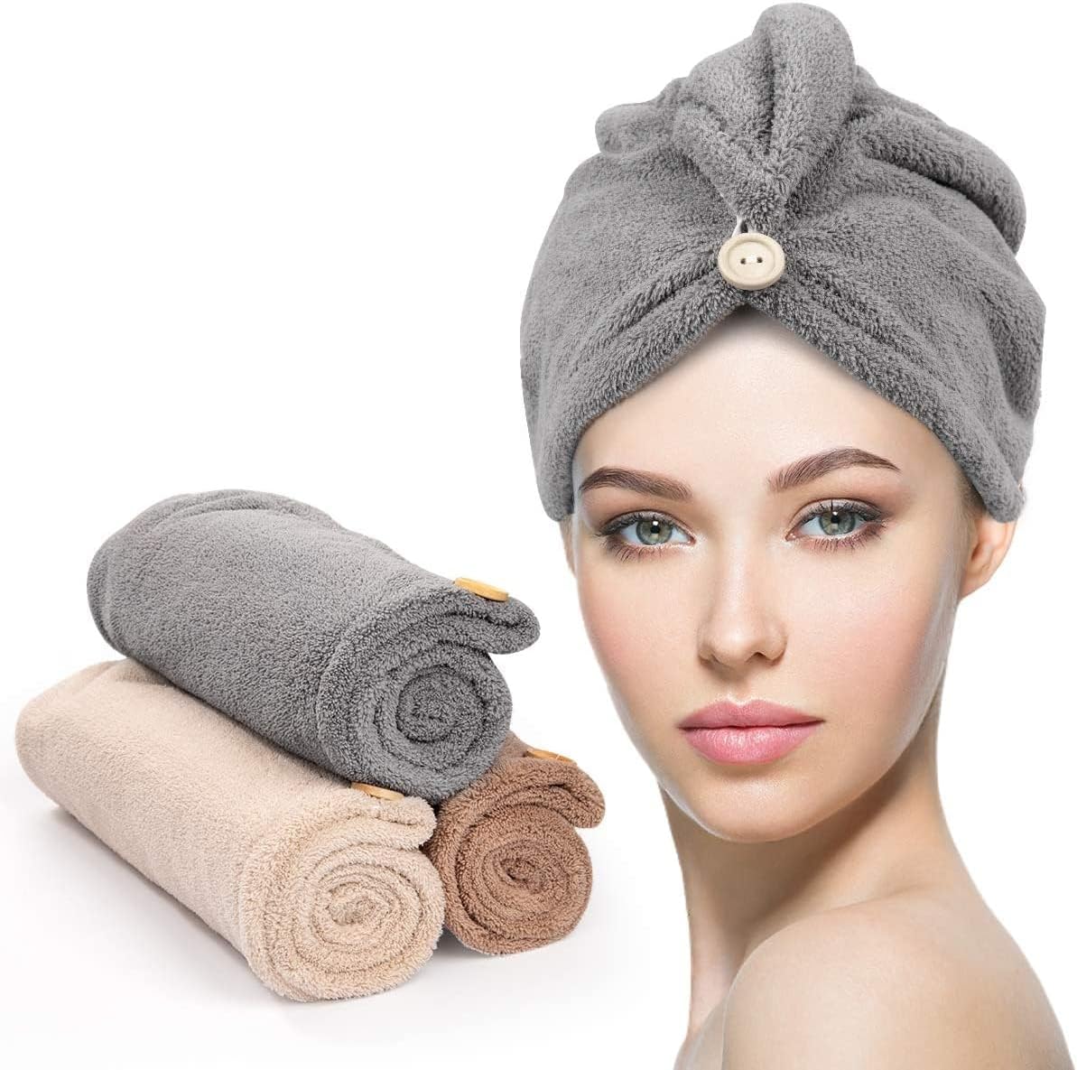 Yfong microfiber hair drying towel 3 pack with button