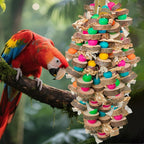 Macaw bird playing with HZDZ LCPAW wooden chewing accessory