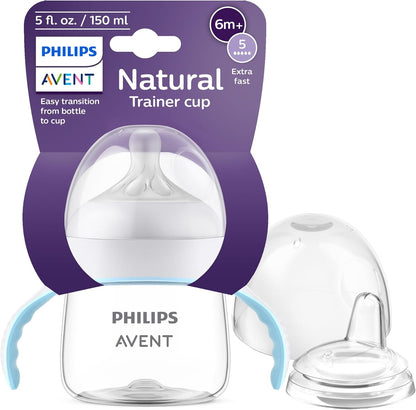 Philips Avent Natural Trainer Sippy Cup front view showing the green handles and clear bottle body.