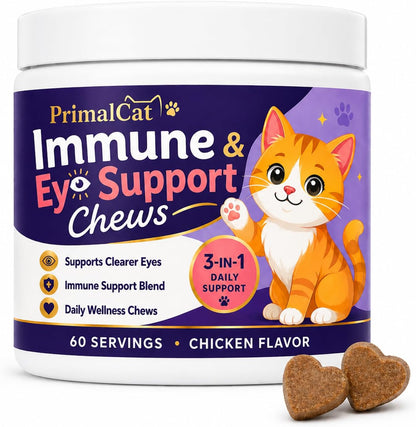 PrimalCat Immune and Eye Support Chews front container showing chicken flavor detail