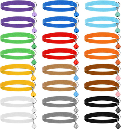 Xelsluthe newborn kitten collars front view featuring multiple colorful whelping bands with attached bells for identification.
