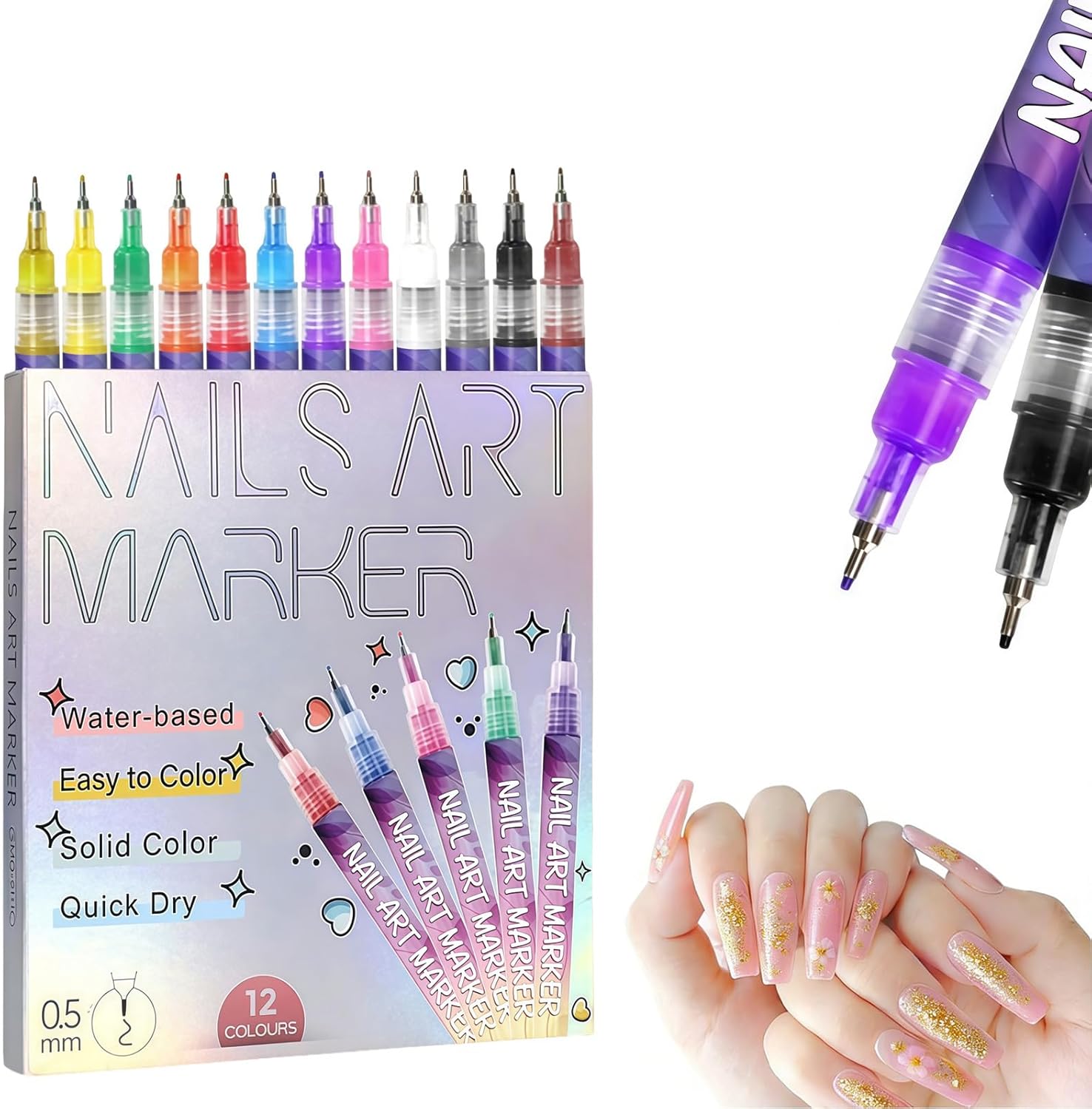 Generic 12 color nail art pen set front view with fine tips