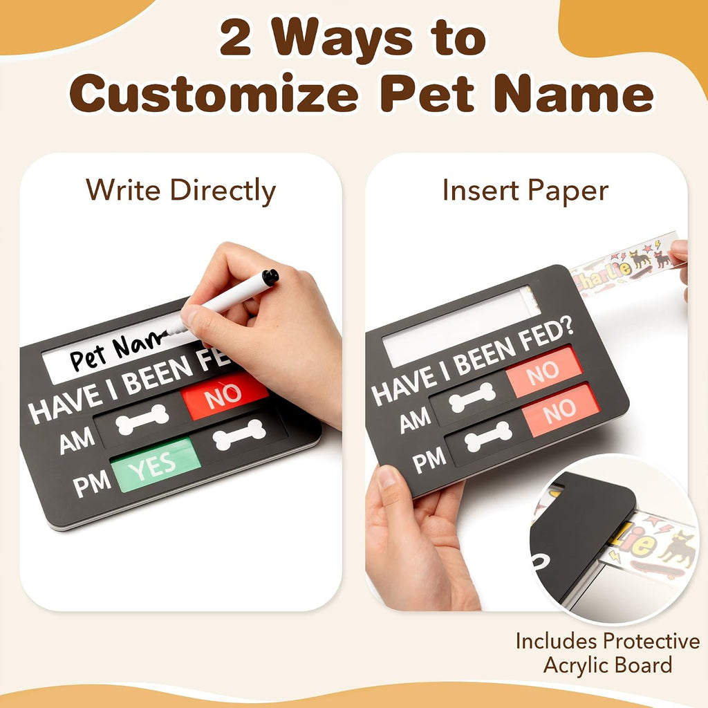 Black pet feeding reminder sign with morning and evening sliders on a kitchen refrigerator.