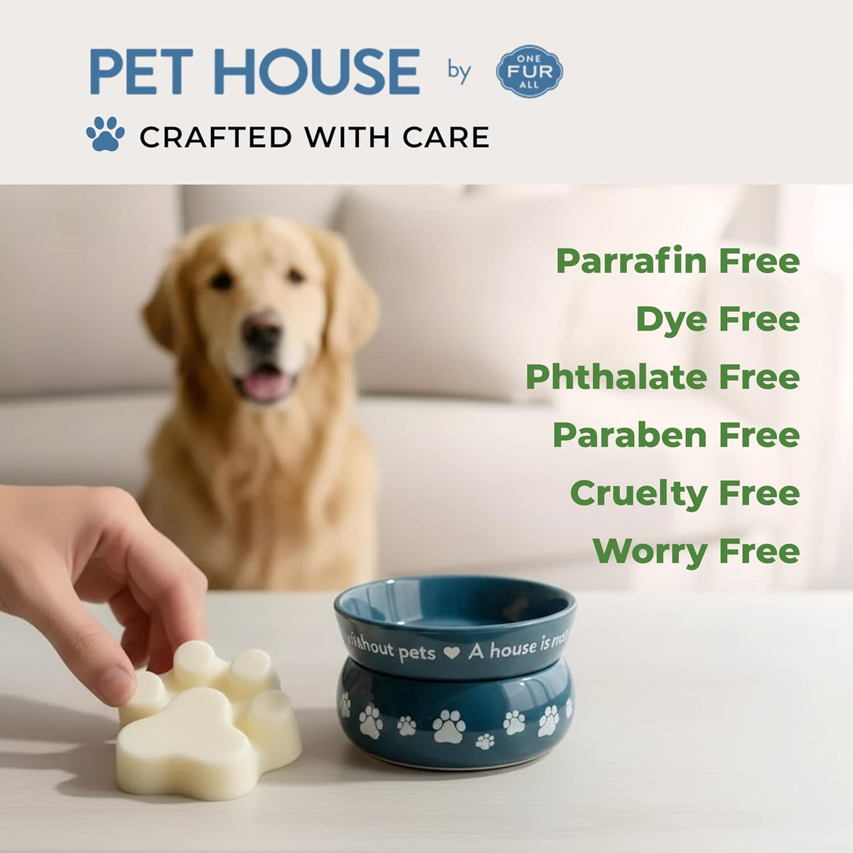 Natural pet odor solution wax melts top view layout.