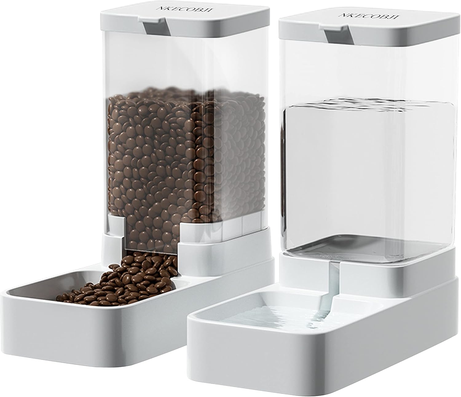 NKECOBJI automatic gravity pet feeder and water dispenser set front view showing transparent food and water barrels