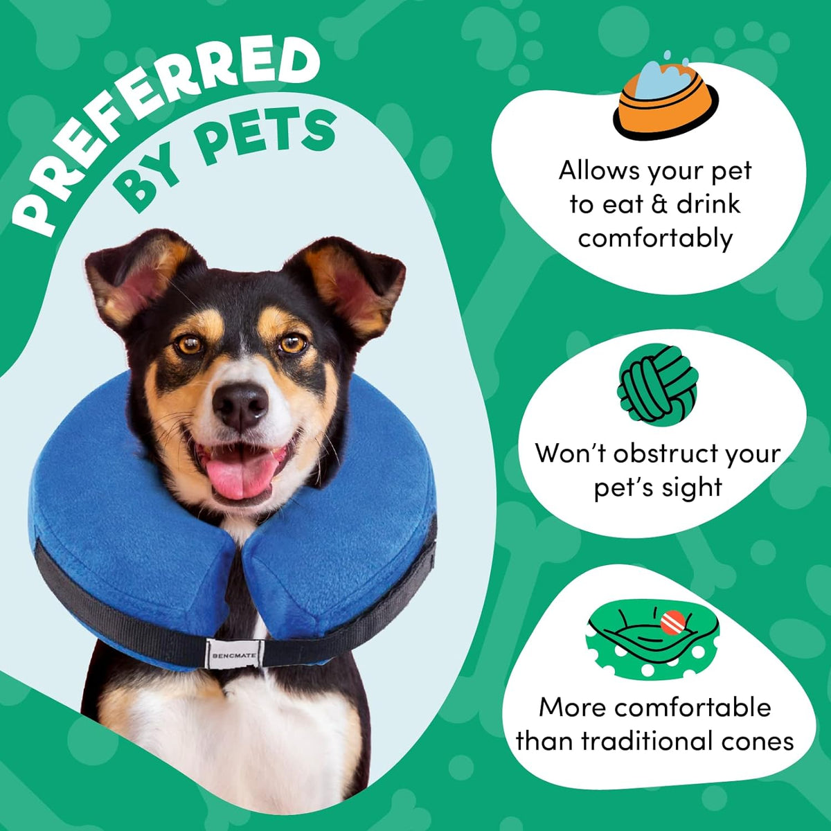 Adjustable hook and loop strap closure on Bencmate protective collar