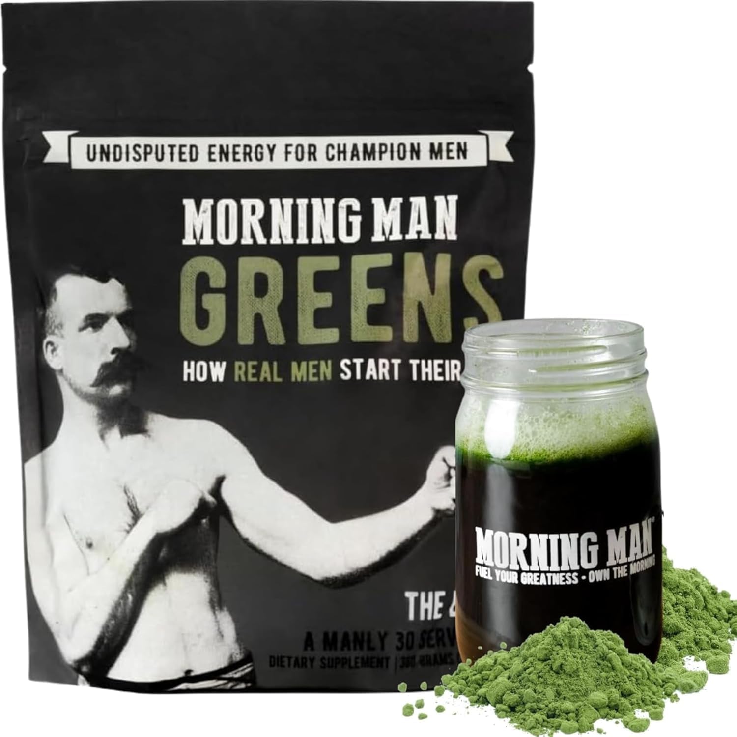 Morning Man Greens Probiotic Superfood Mix front view packaging with vintage boxing theme.