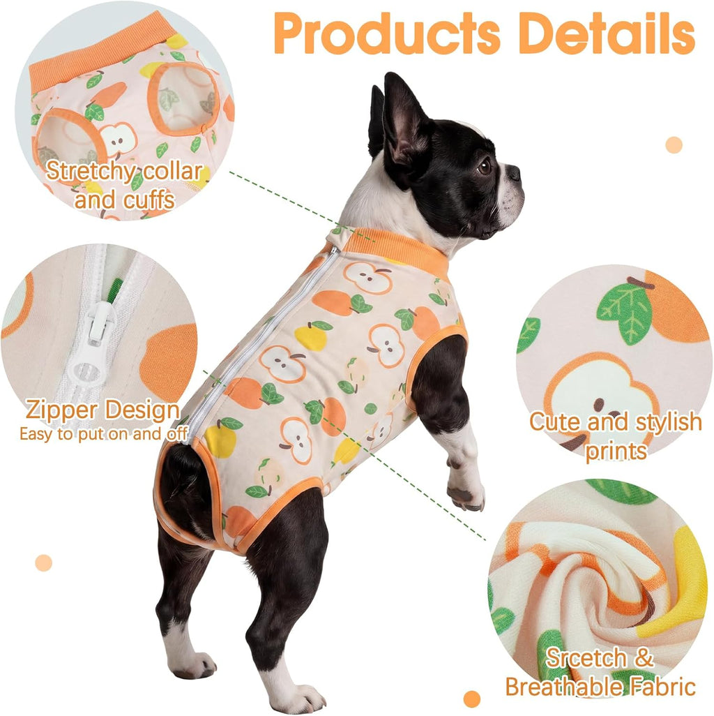 Dog wearing orange fruit pattern surgical onesie side view