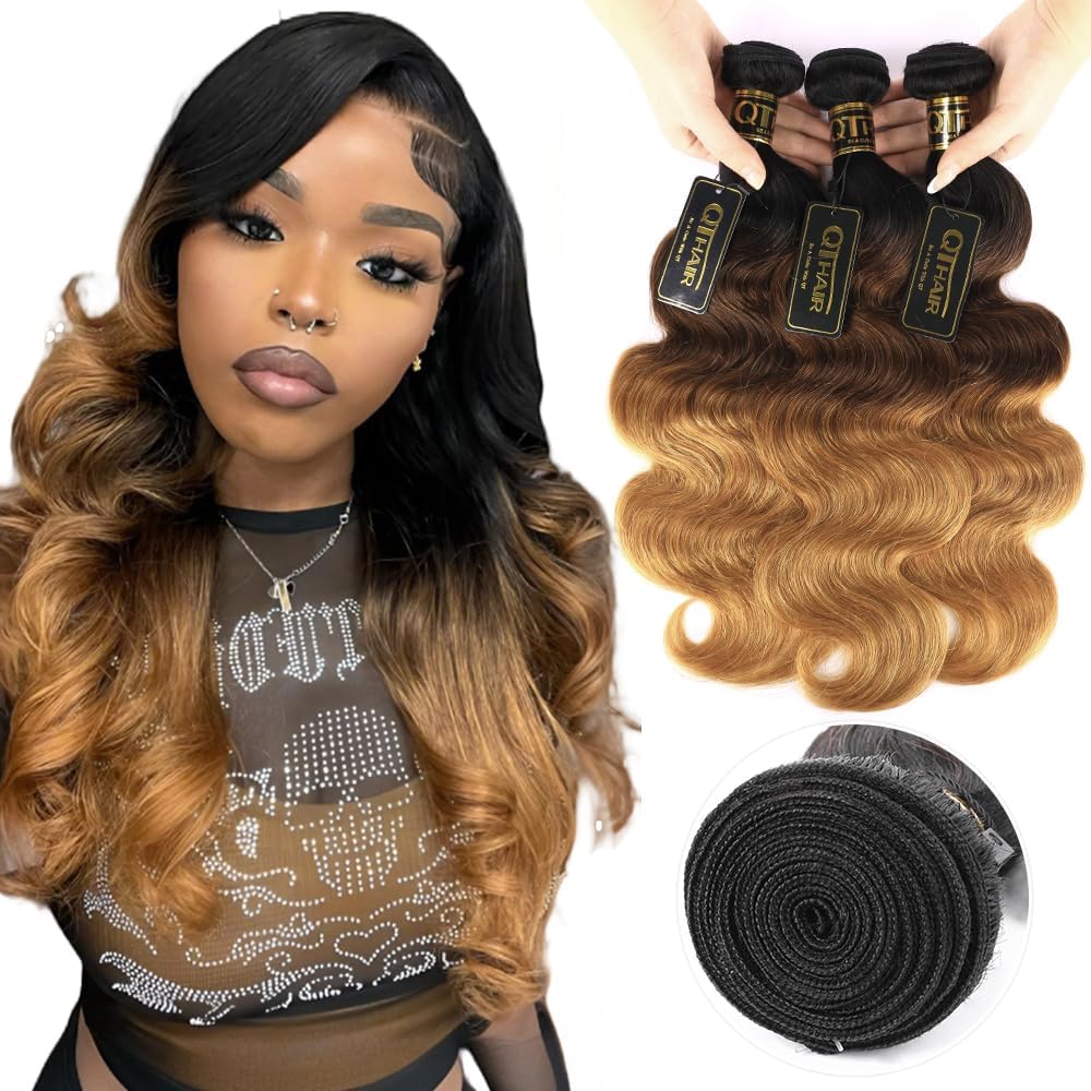 Qthair 14A grade ombre body wave hair bundles front view