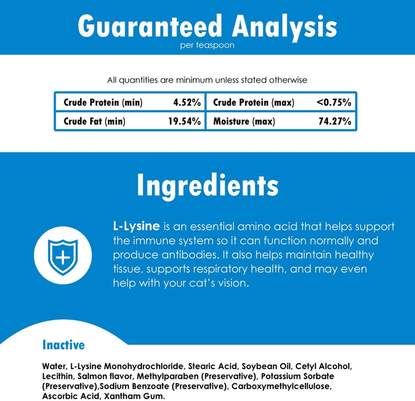 Back label of Felisyl L-Lysine cat gel detailing ingredients and dosage.