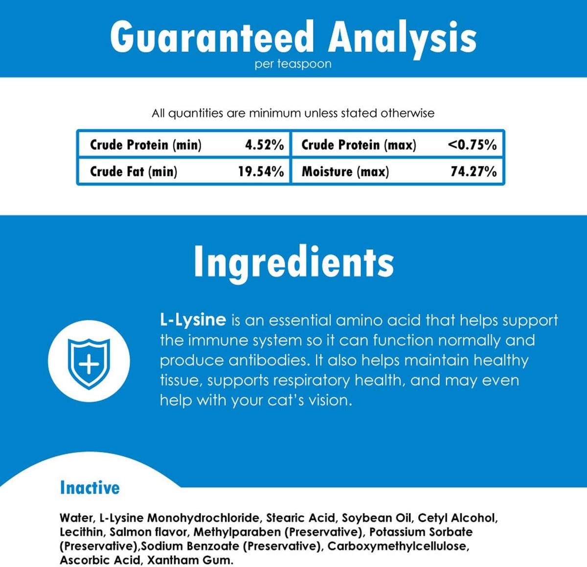 Back label of Felisyl L-Lysine cat gel detailing ingredients and dosage.