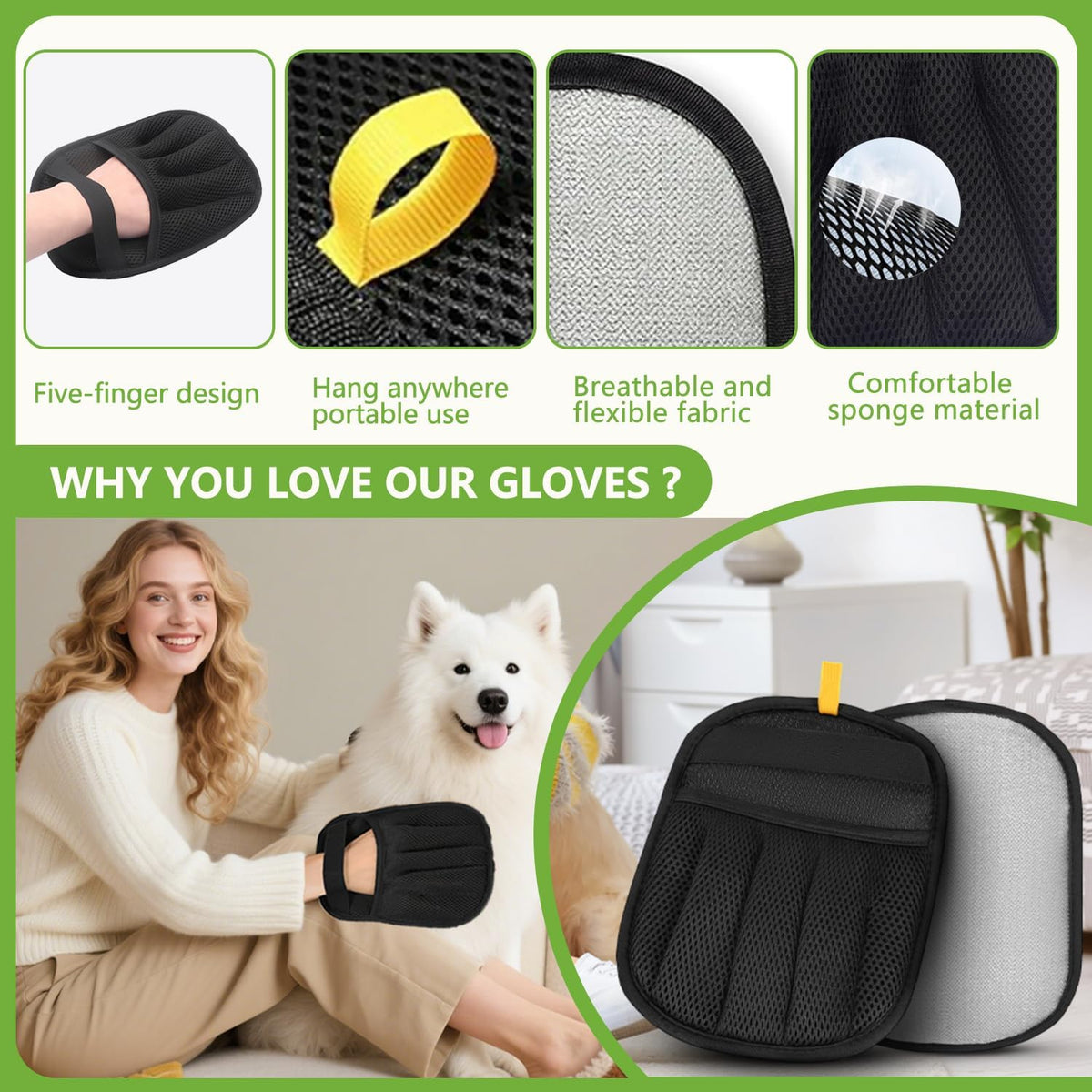 Five finger electrostatic pet hair cleaning glove removing cat hair from sofa cushion