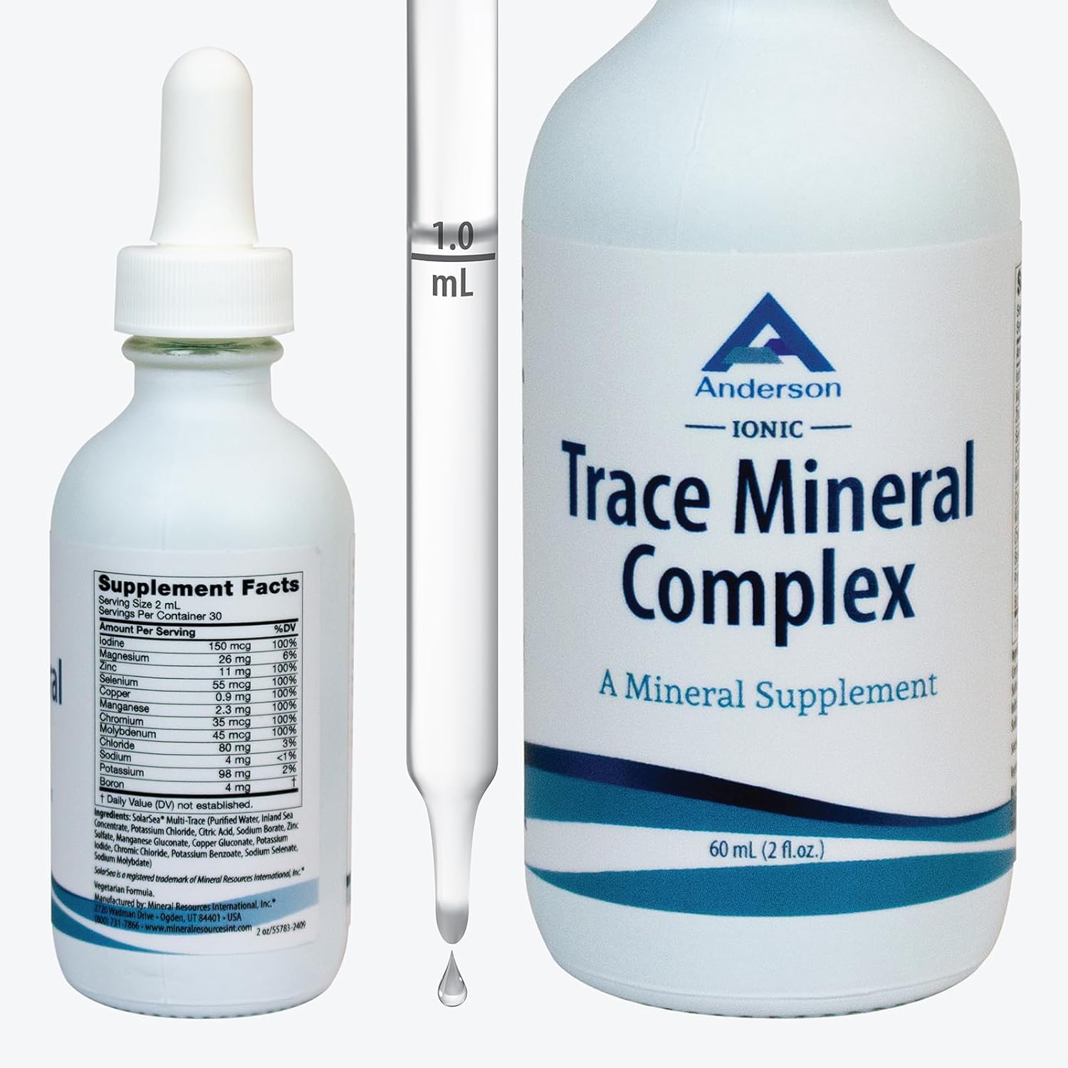 Mineral Resources International Trace Mineral Complex 2 fluid ounce front view bottle for cellular hydration