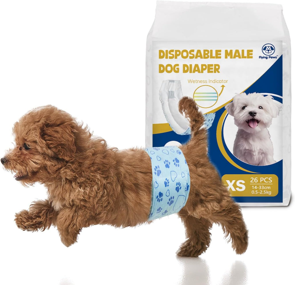 Flying Paws Disposable Male Dog Diapers front view package showcasing the 26 count extra small wraps.