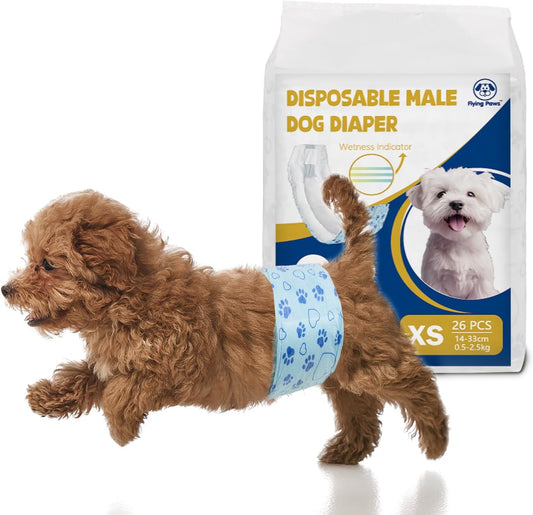 Flying Paws Disposable Male Dog Diapers front view package showcasing the 26 count extra small wraps.