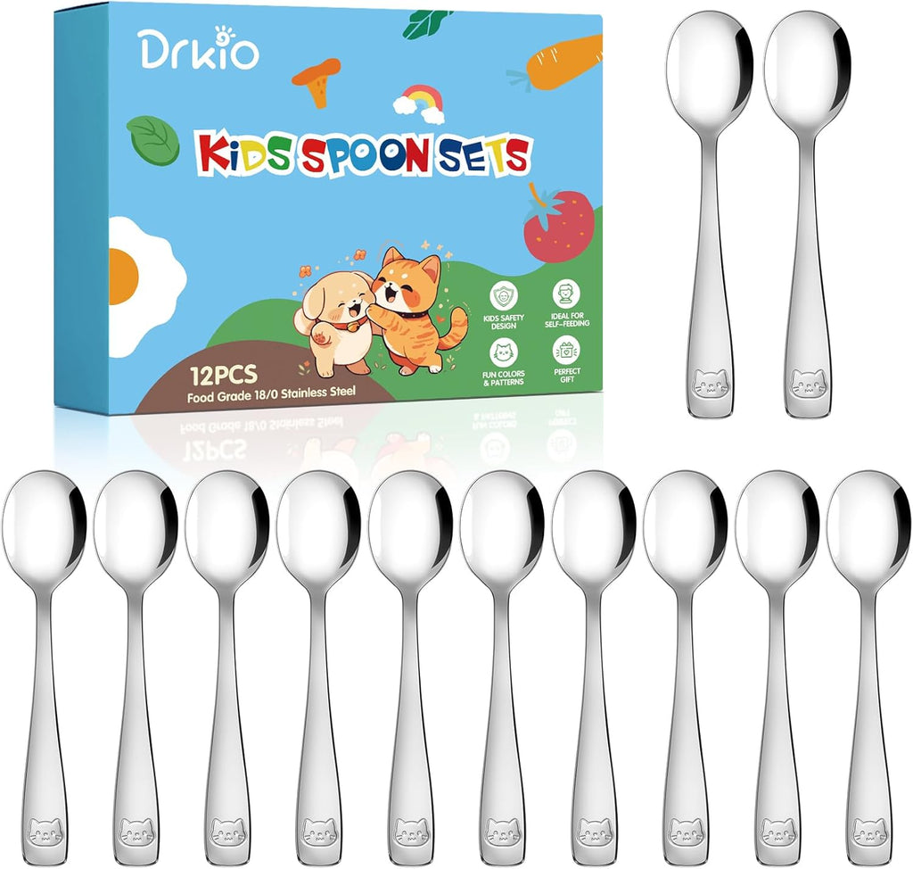 DRKIO stainless steel toddler spoons set front view of twelve pieces