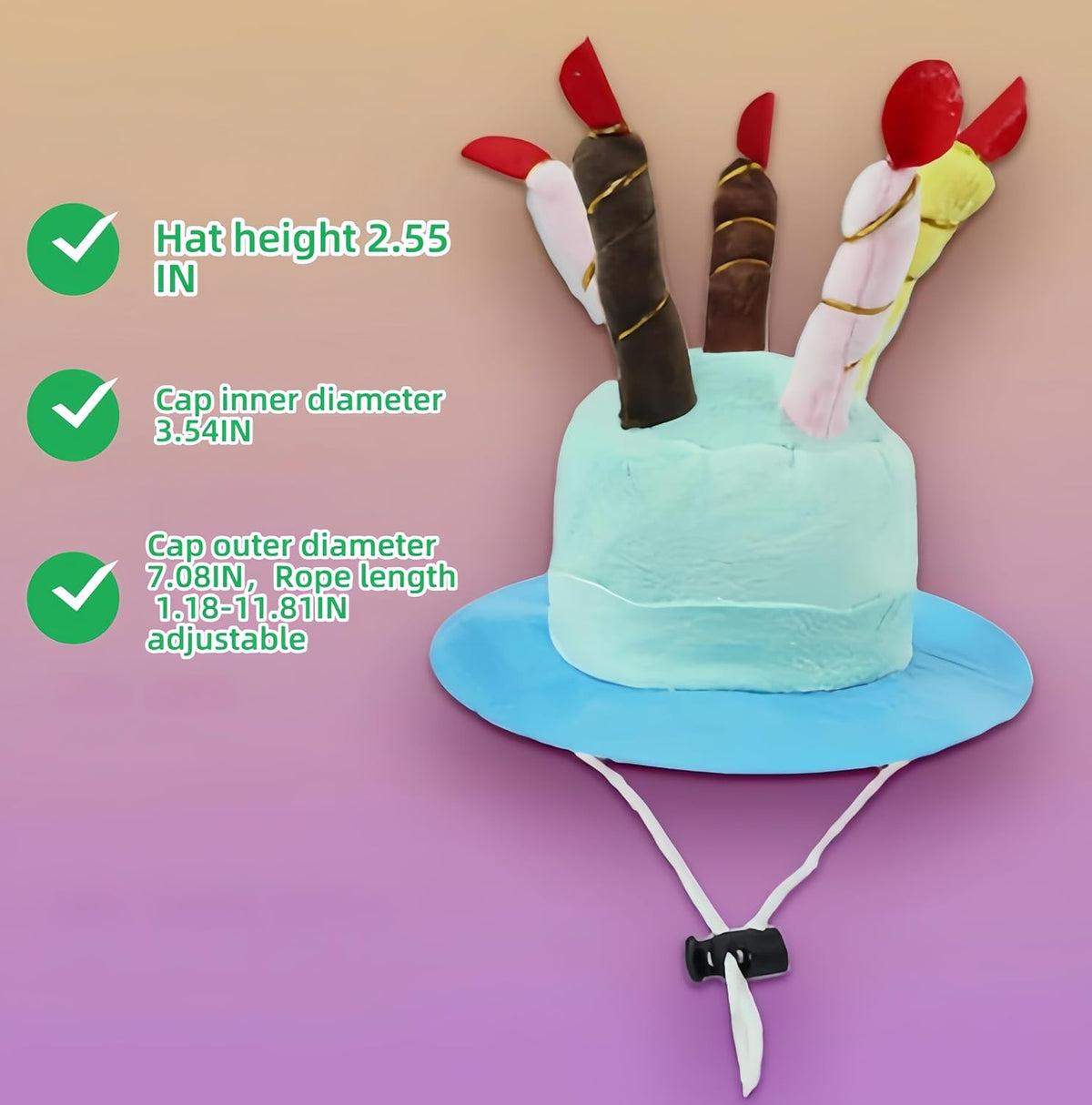 Side profile of blue plush birthday hat for dogs and cats