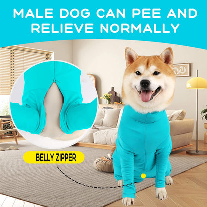 Parderry canine recovery garment highlighting the secure zipper closure design