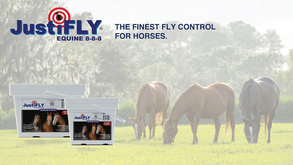 JustiFLY Equine larvicide powder fly control supplement for horse feed.