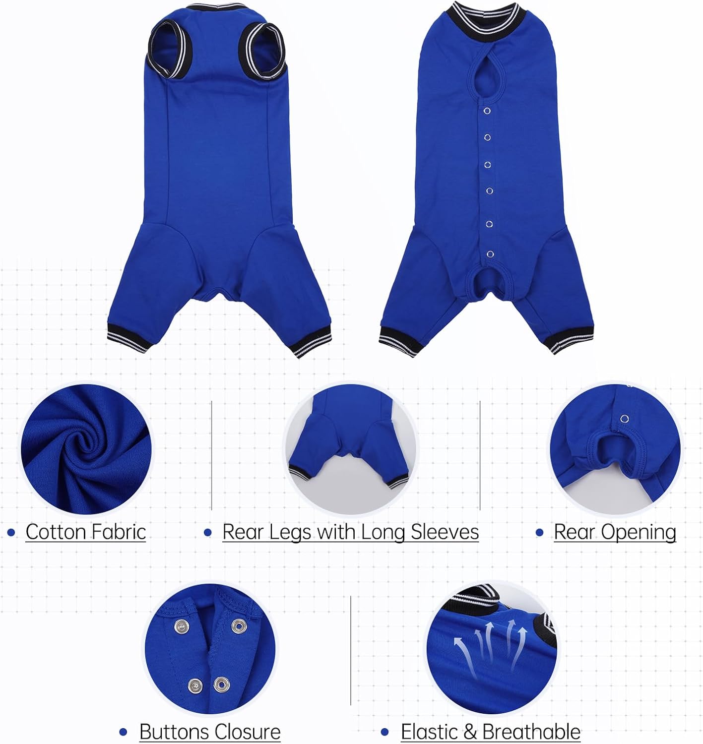 Rear view of cat recovery suit showing litter box access hole