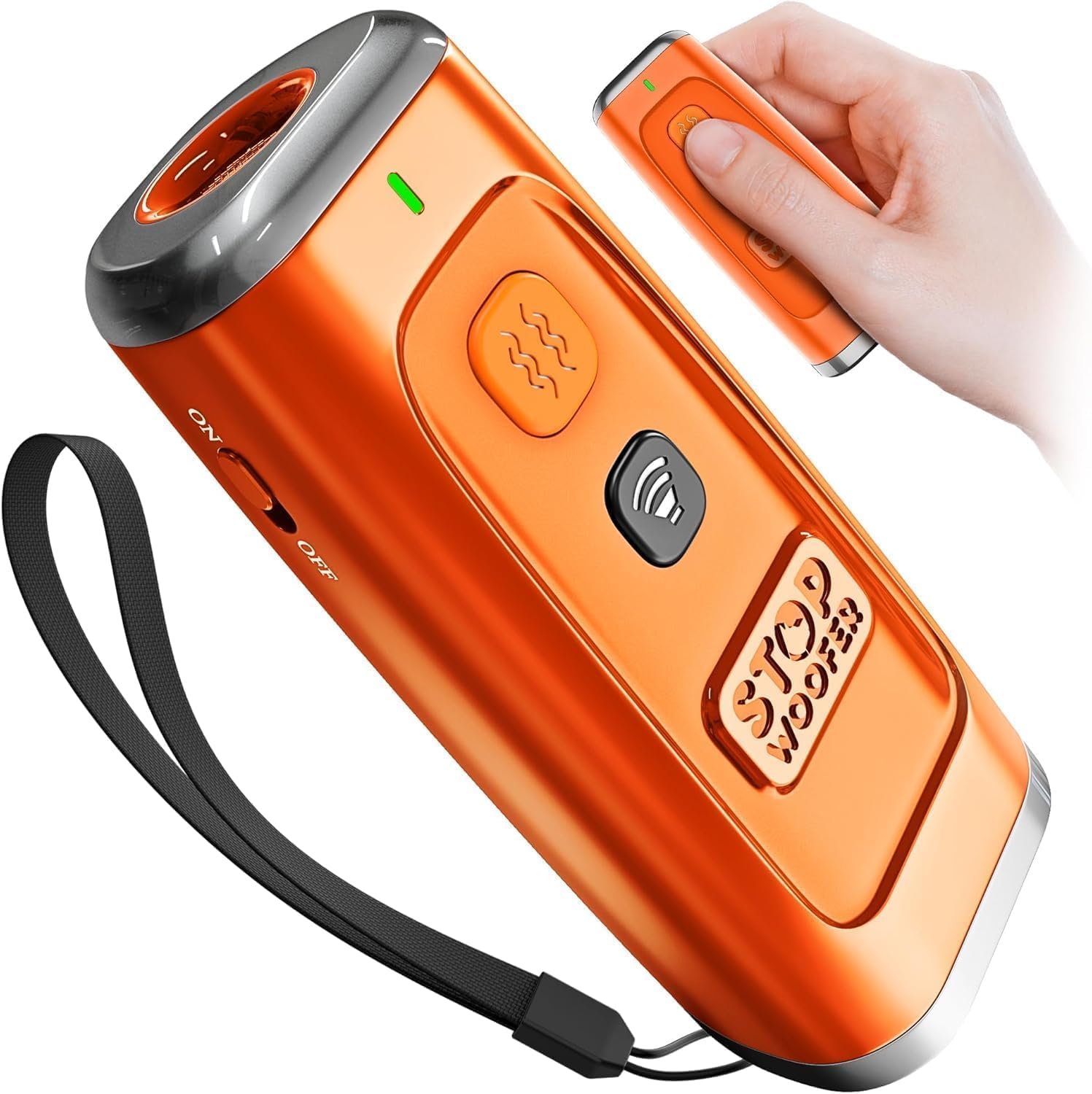 Stopwoofer dog training device in green color packaging context