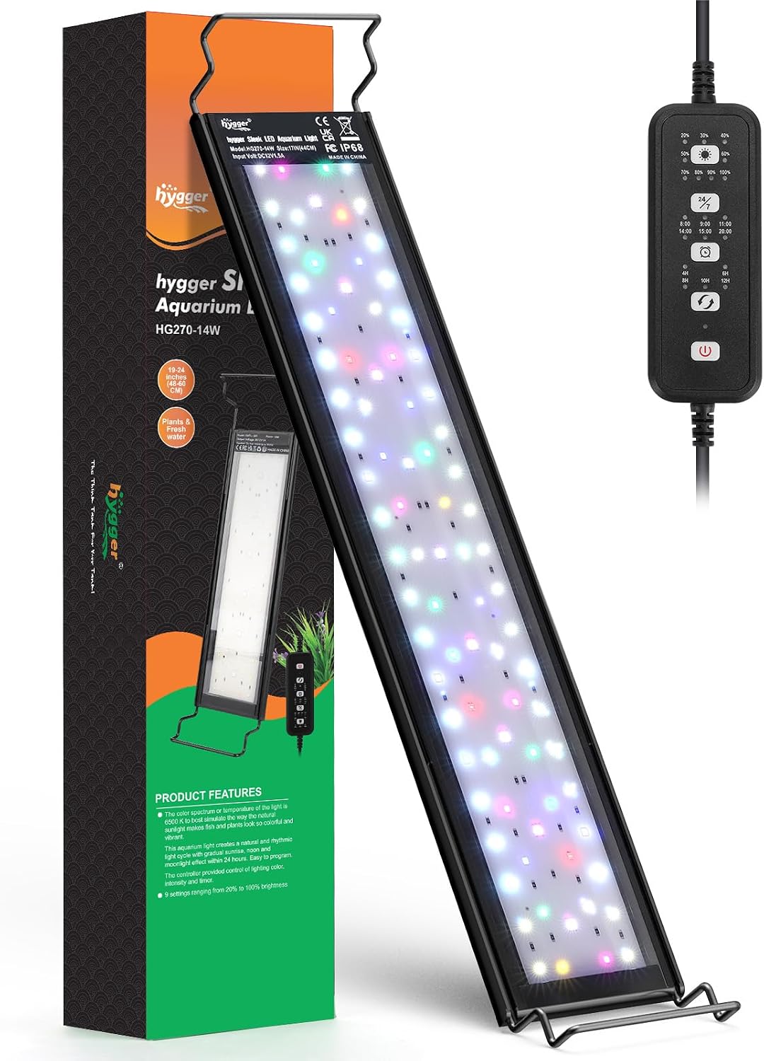 Hygger small LED aquarium light front view illustrating the sleek aluminum body over a freshwater planted fish tank.