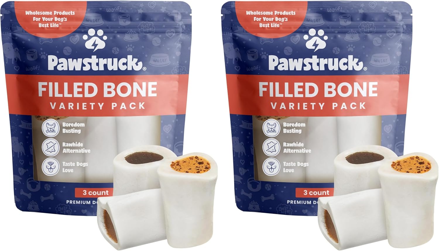 Pawstruck Large 5-6" Filled Dog Bones Variety Pack - Peanut Butter, Cheese & Bacon, Beef Flavors - Made in USA, Long Lasting Stuffed Femur Treat for Aggressive Chewers - Pack of 3, Packaging May Vary - Image 12