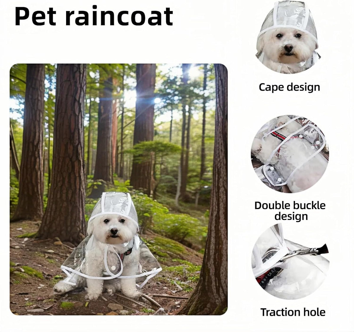Bubble-Fly transparent pet raincoat side profile showing the hidden leash hole feature
