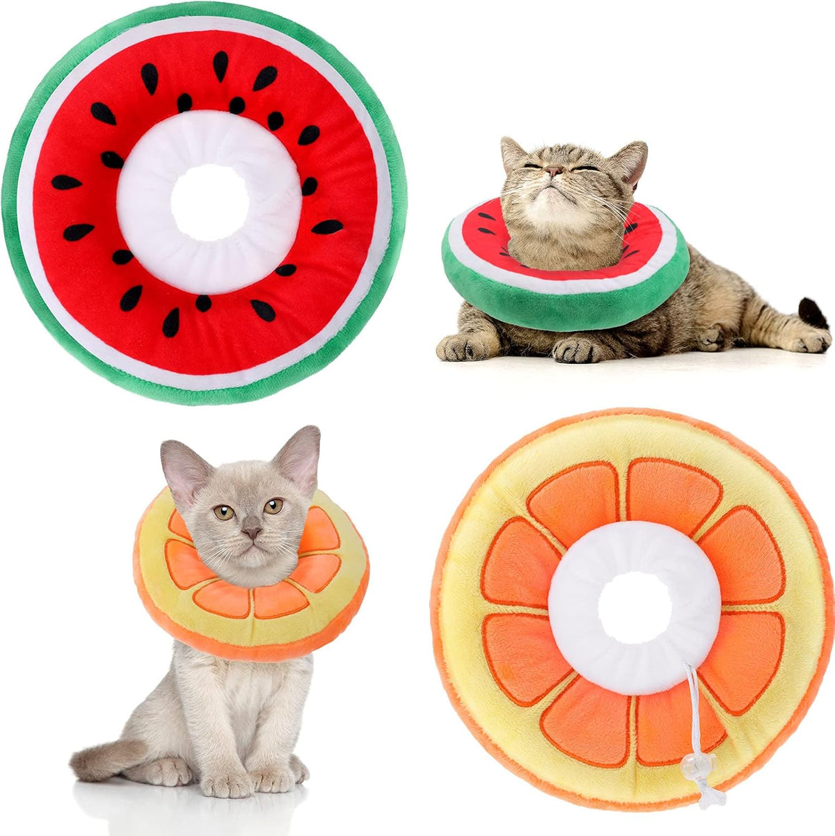 Frienda adjustable cat recovery collar front view of orange and watermelon fruit design