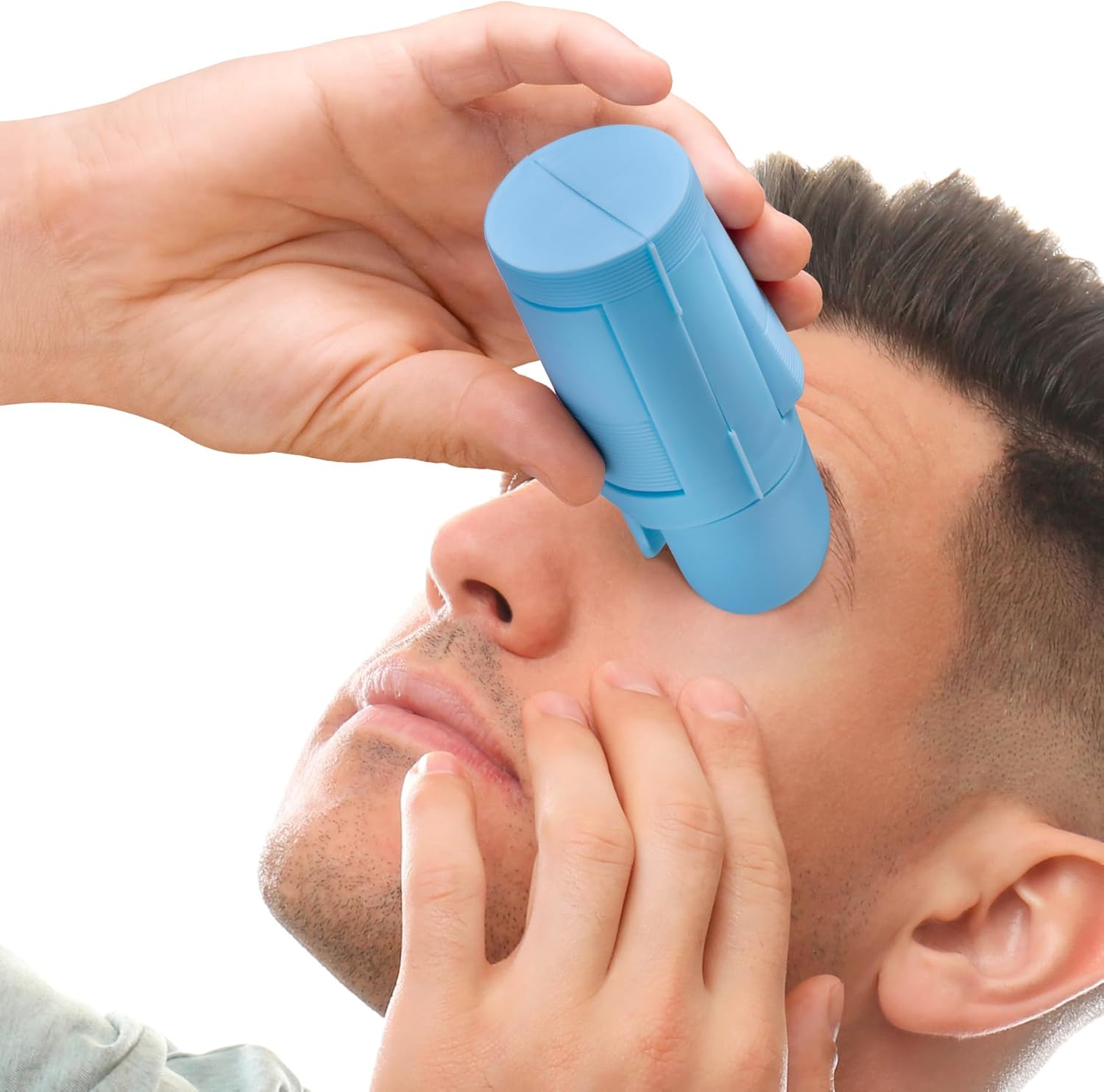 Peermax Drop Direct eye drop dispenser front view showing blue silicone guide