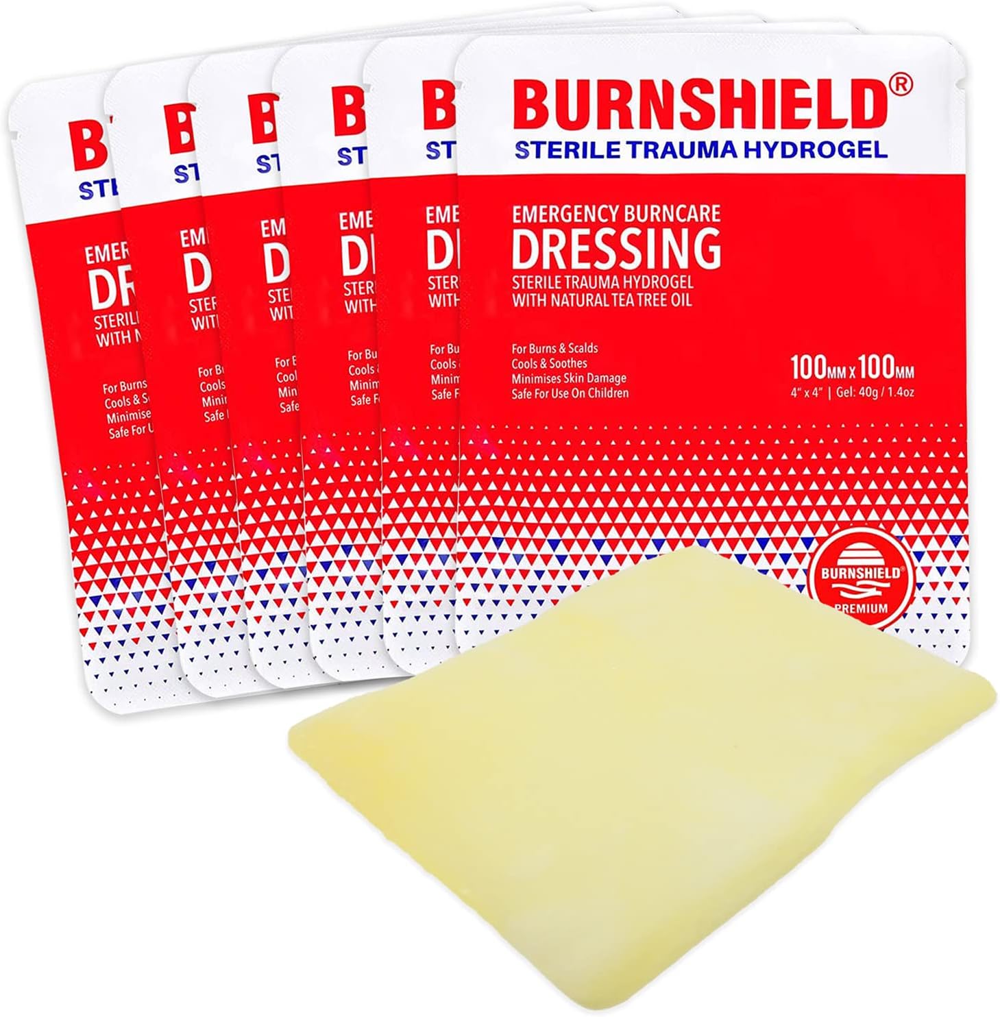 Burnshield Sterile Trauma Hydrogel Burn Dressing front packaging for emergency first aid.