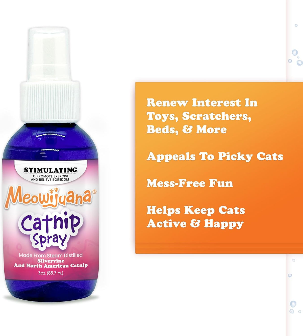 Authentic imported Meowijuana feline spray packaging showing spray nozzle detail