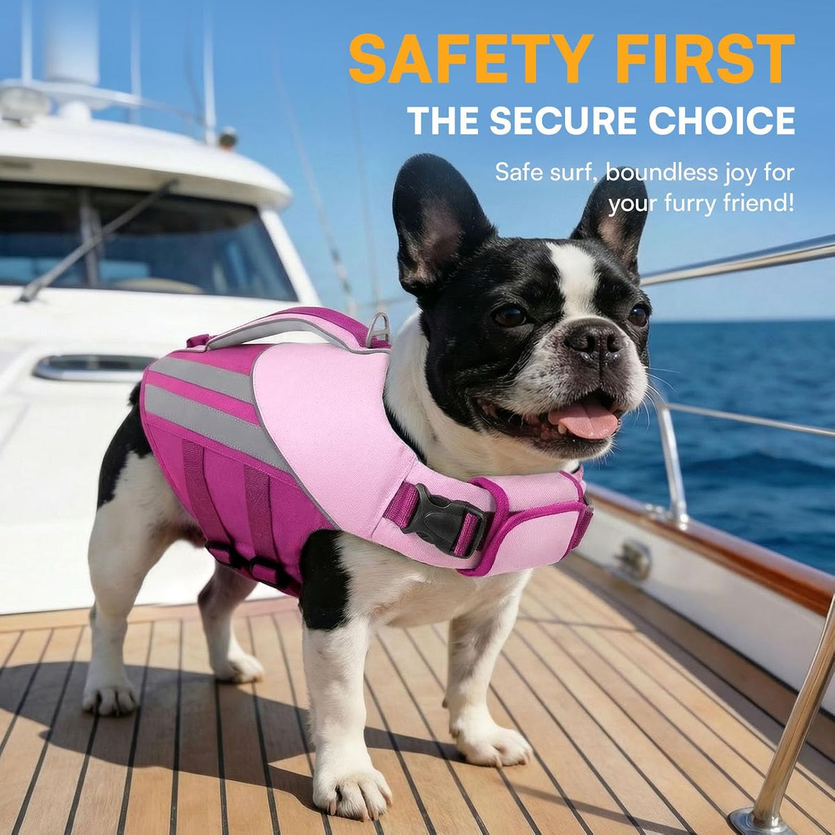 Rose pink large dog life vest showing back reflective detailing