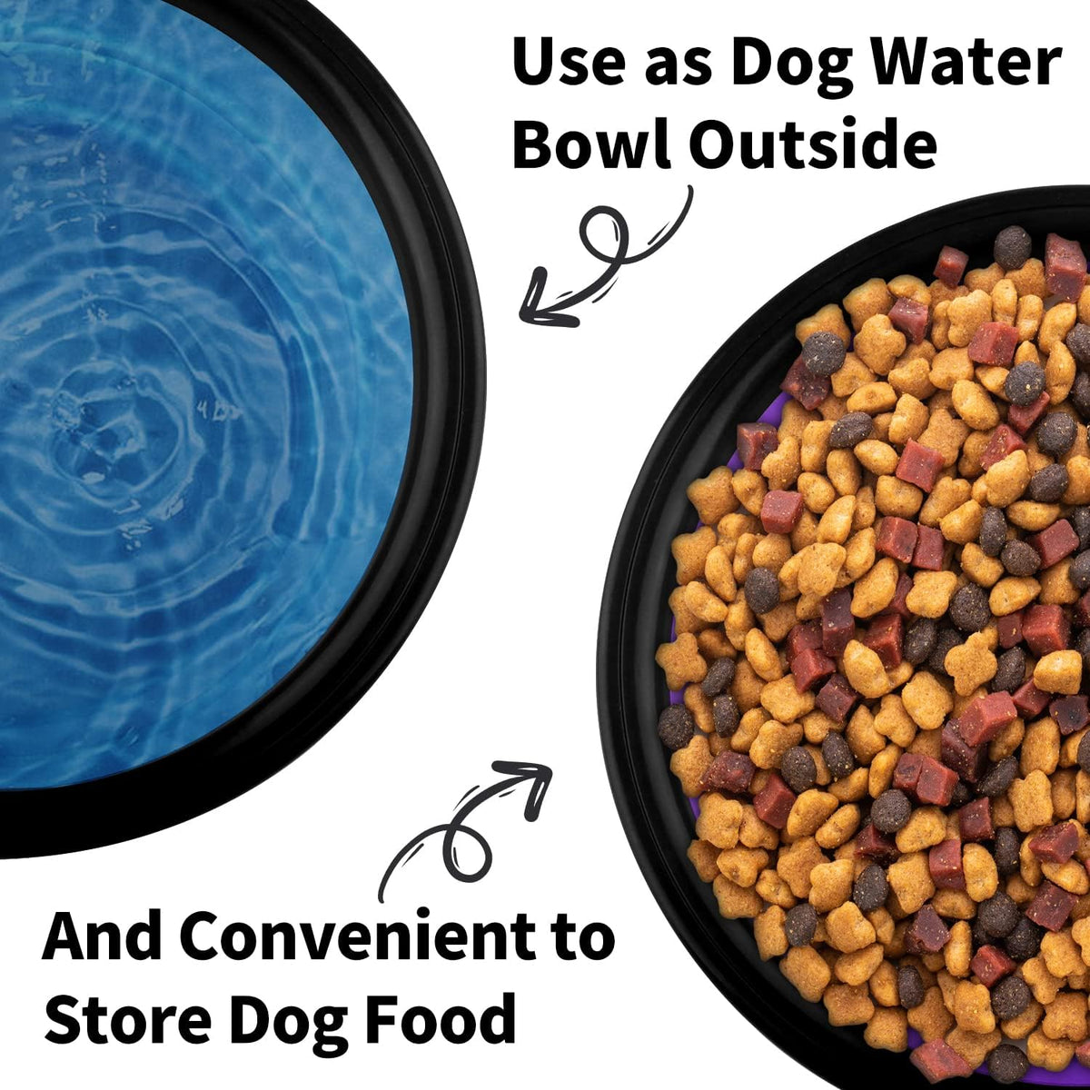 Purple food grade silicone portable pet travel bowl with carabiner