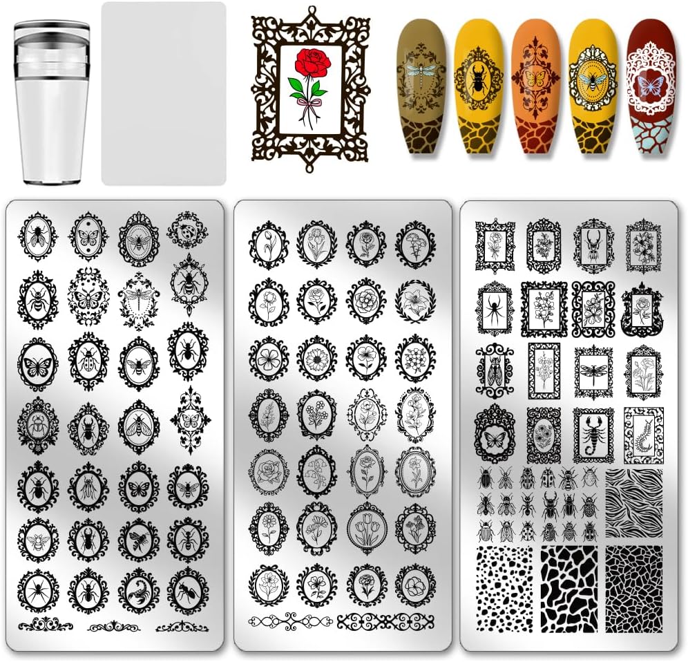 PH PandaHall vintage flower frame nail stamp plate kit front view showcasing three stainless steel templates