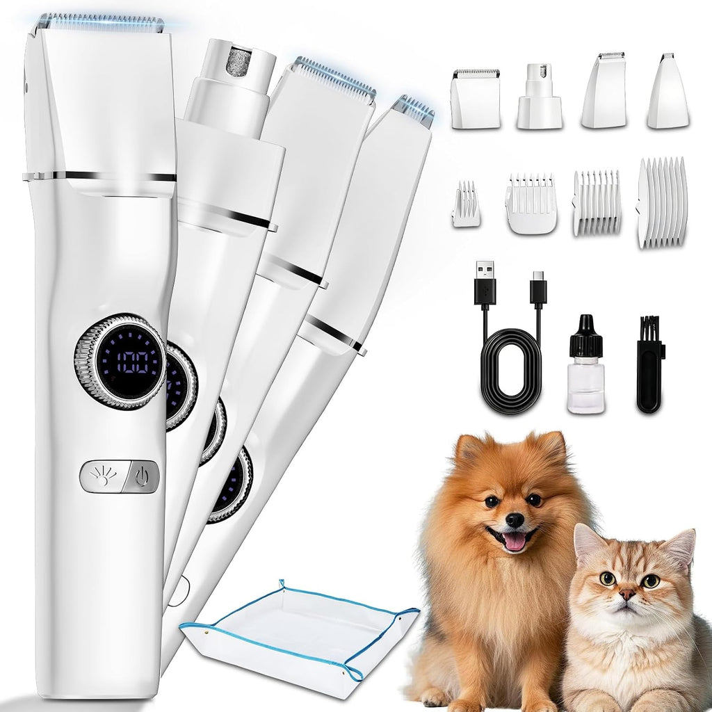 KAVUNION quiet electric dog trimmer package contents including cleaning brush and oil