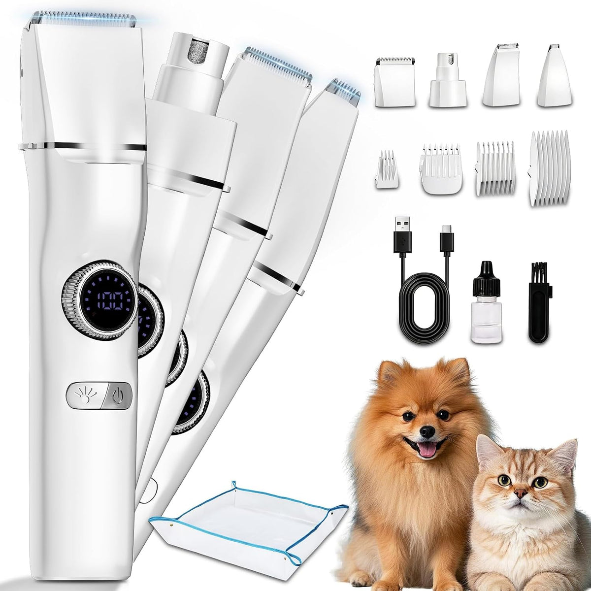 KAVUNION quiet electric dog trimmer package contents including cleaning brush and oil
