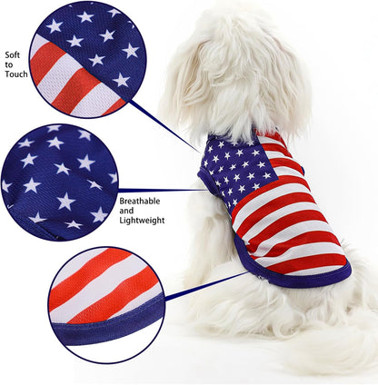 Side profile of medium sized dog in blue American flag shirt