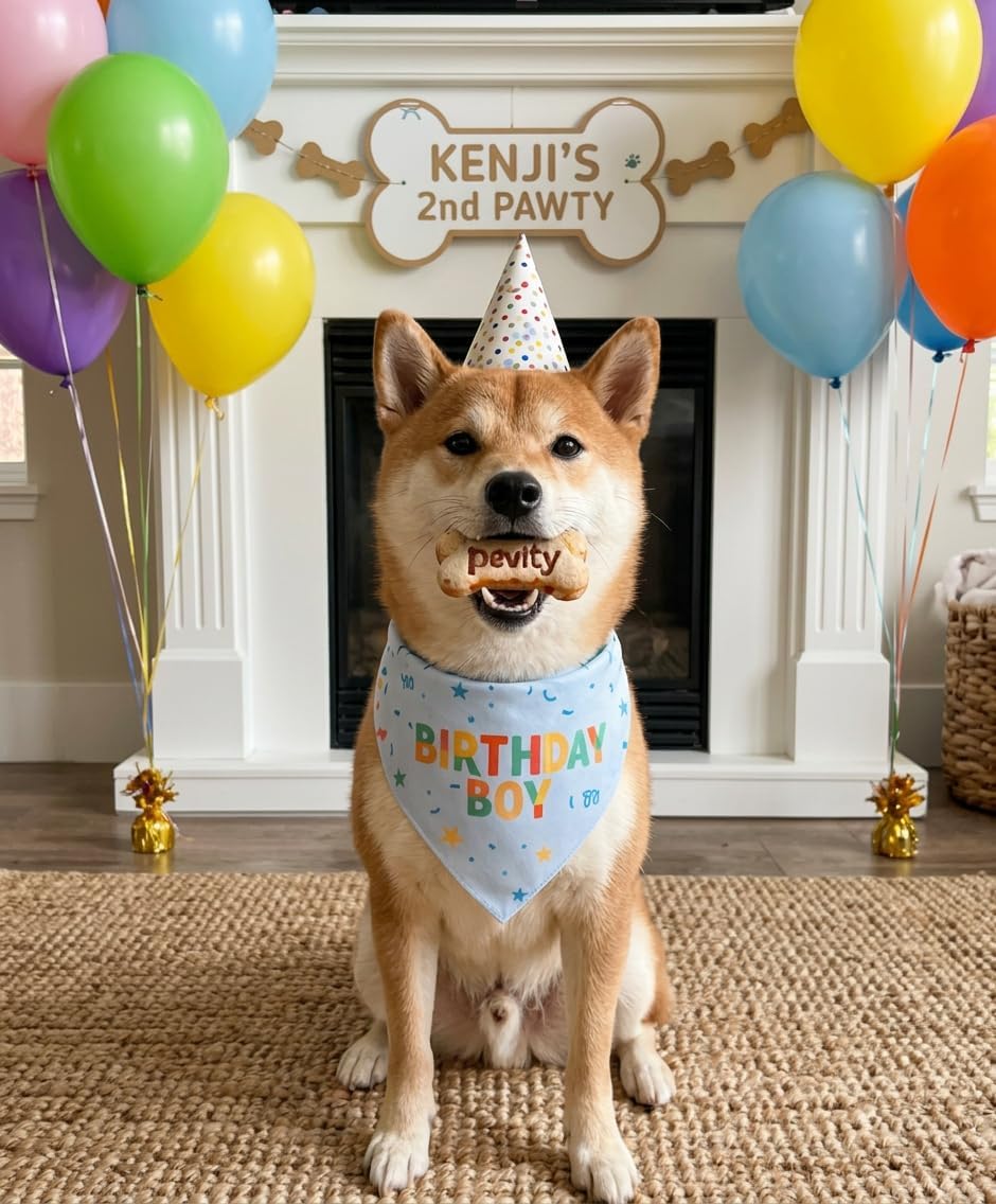 Large dog model wearing blue dog birthday outfit