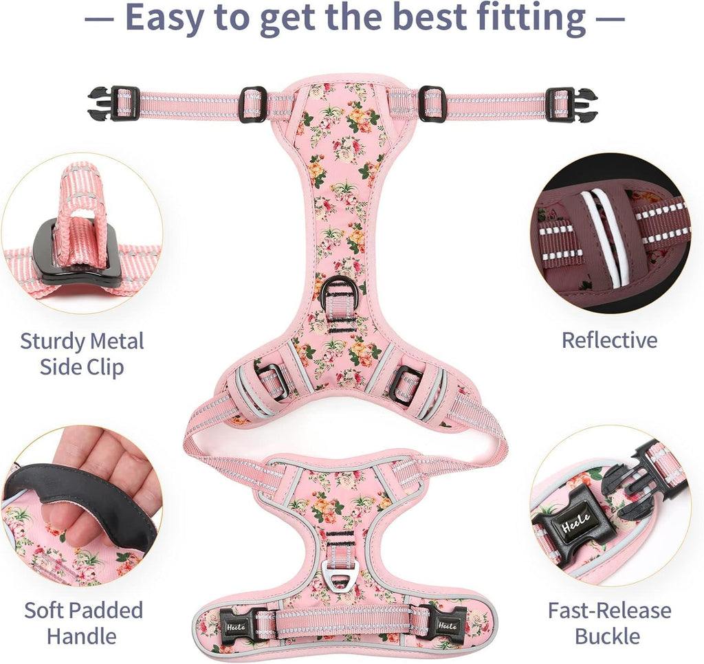 Pink flower pattern dog harness with soft neoprene padded top control handle