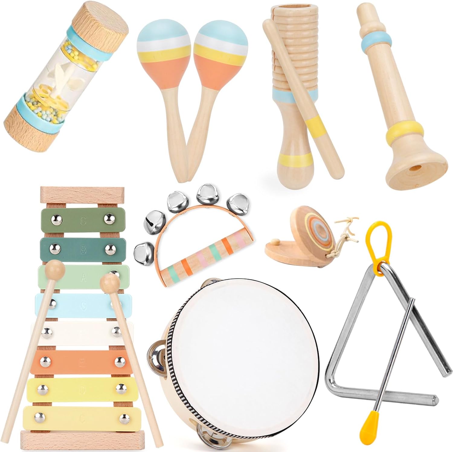 ZJEFUNS Baby Musical Instruments Set front view of wooden Montessori toys for toddlers