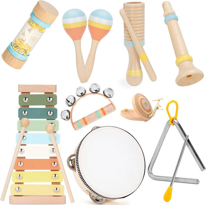 ZJEFUNS Baby Musical Instruments Set front view of wooden Montessori toys for toddlers