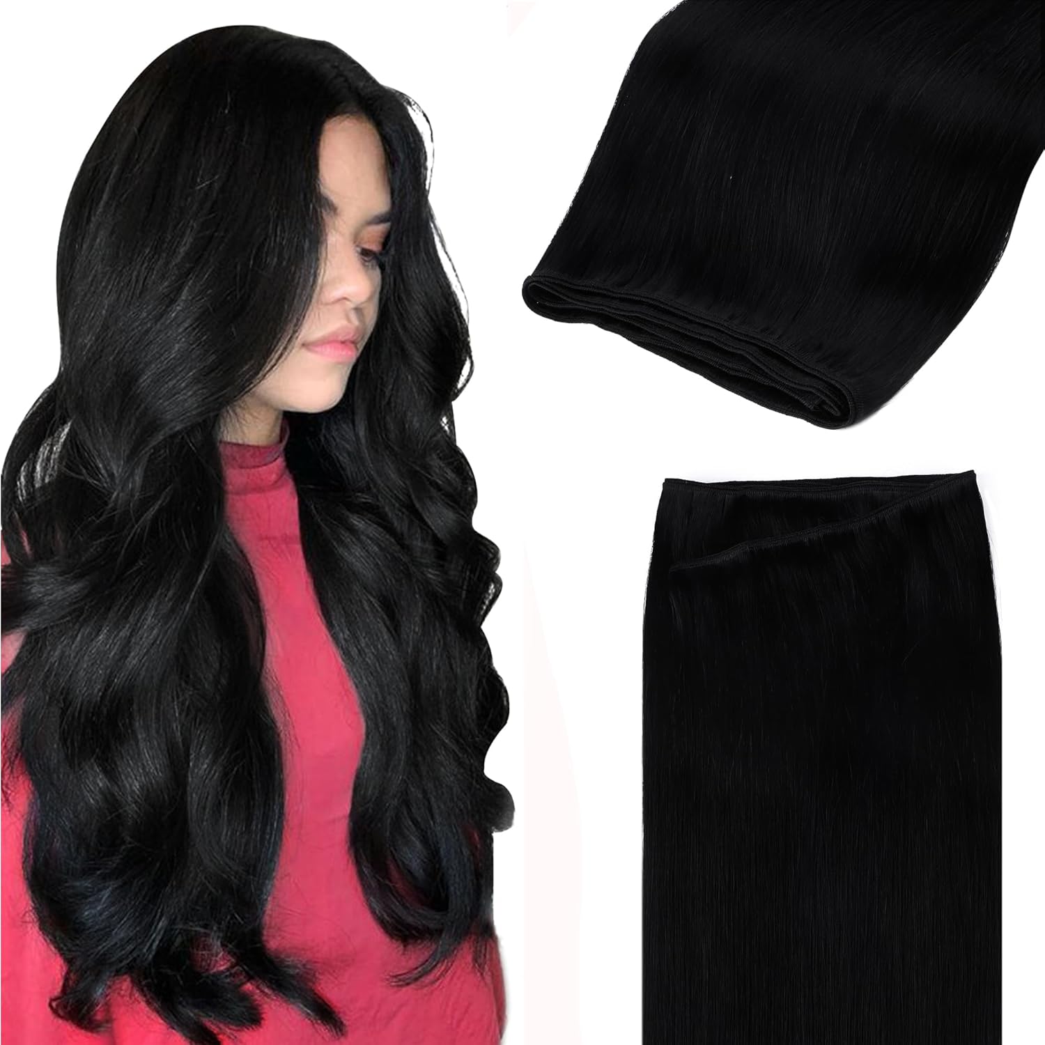 GOO GOO Sew In Hair Extensions front view showcasing jet black straight silky remy hair packaging.