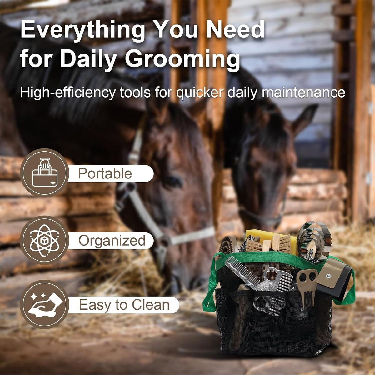Swess professional horse grooming supplies neatly packed inside the portable storage bag.